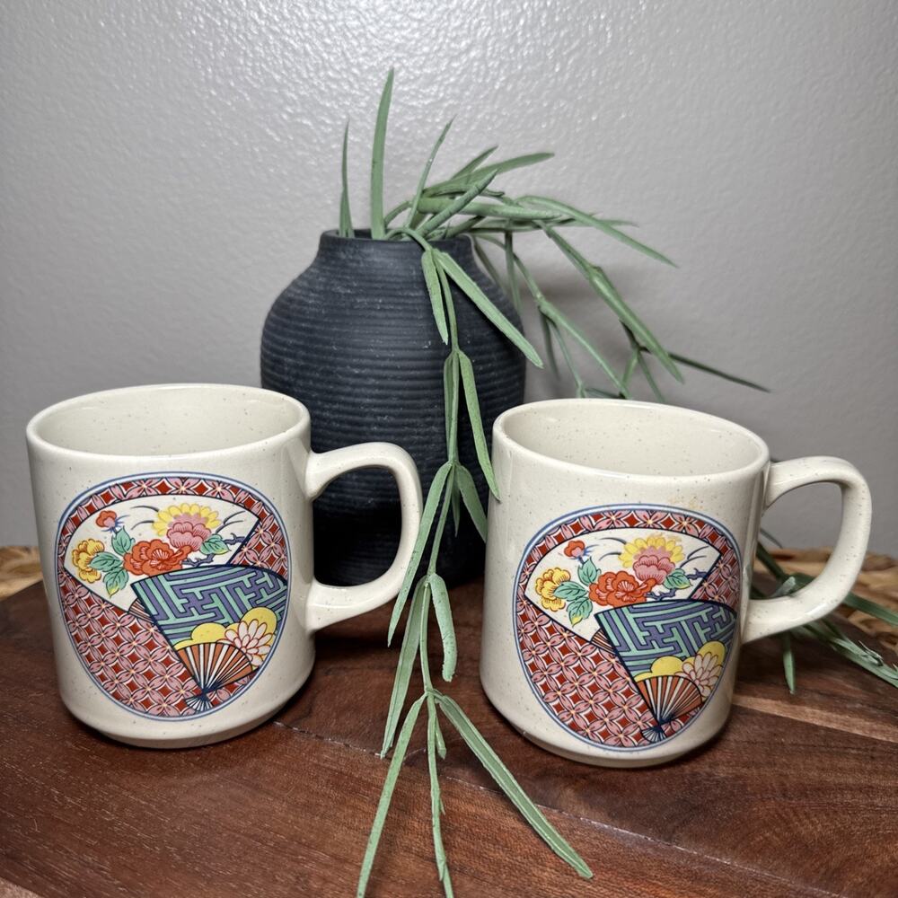 Vintage Japan Stoneware Mug Pair Asian Fan Floral 1970s Speckled 3.5" Tall